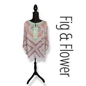 Fig & Flower Mosaic Balloon Sleeve Semi Sheer Peasant Boho Tunic Blouse Size 1X